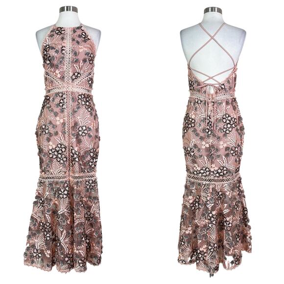 NBD | Revolve Felicity Pink Embroidered Floral Mermaid Halter Cocktail Dress M - Picture 1 of 12